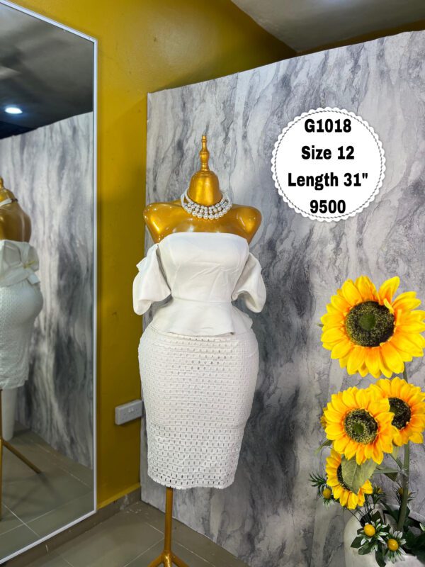 G1018 White Peplum Lace Dress (Size 12 Length 31”)