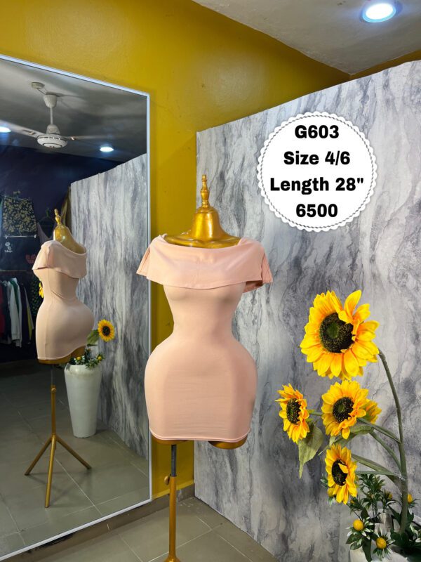 G603 Nude Off Shoulder Mini dress (Size 4/6 Length 28”)
