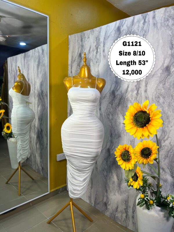 G1121 White Ruched Maxi Dress (Size 8/10 Length 53”)