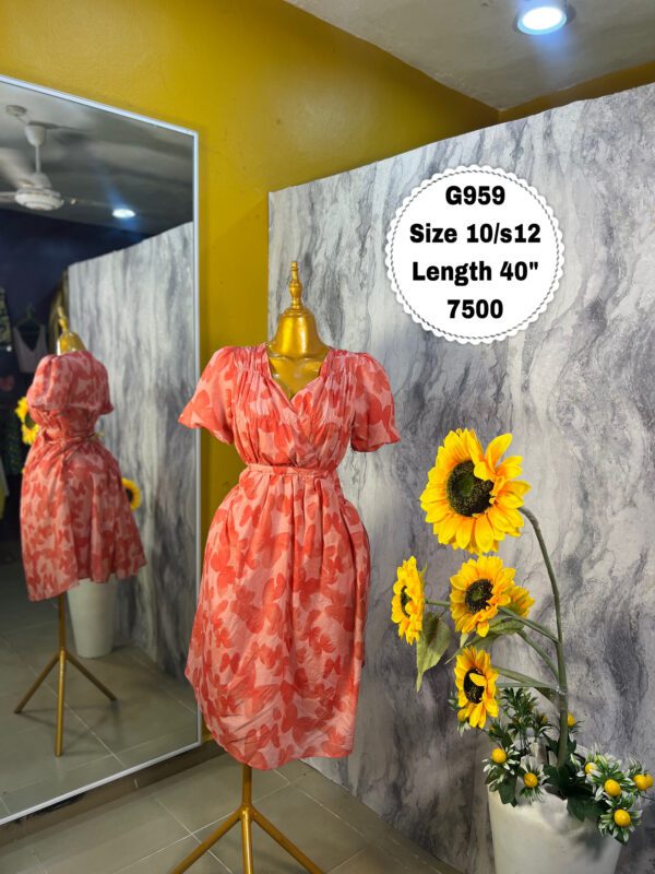 G959 Coral Butterfly dress (Size 10/s12 Length 40”)