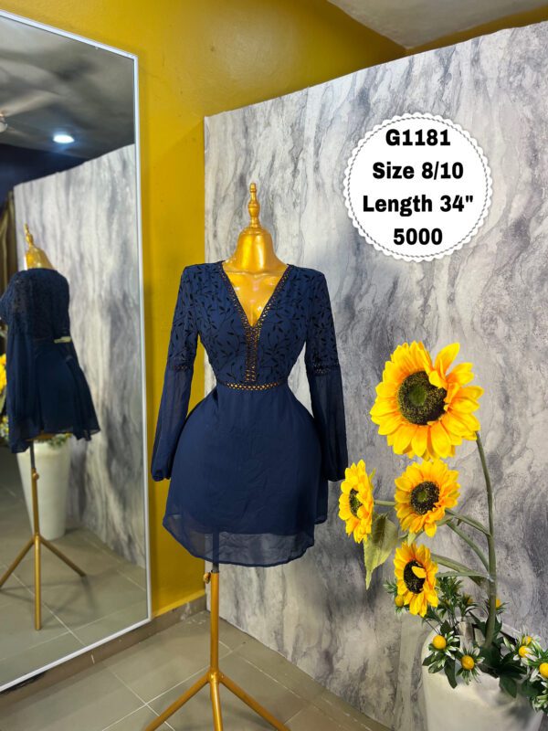 G1181 Navy Sheer Sleeve dress (Size 8/10 Length 34”)