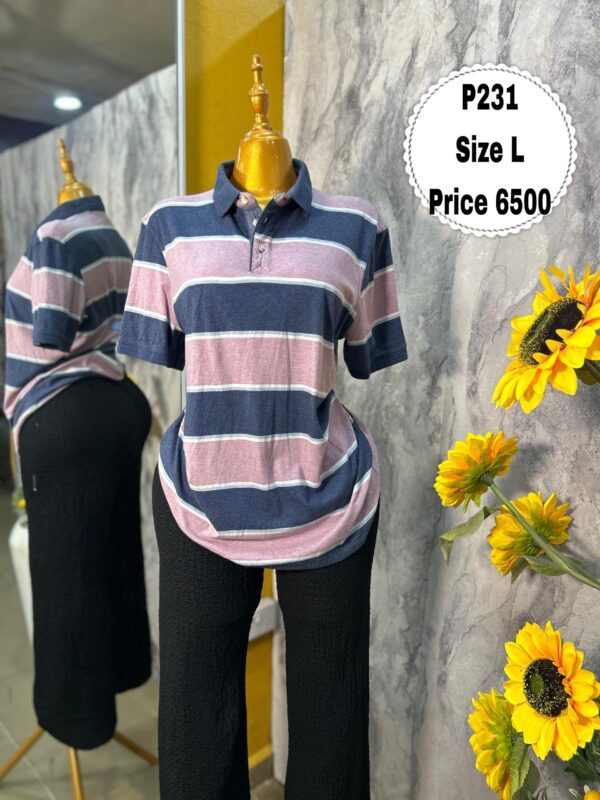 P231 - Pink/navy blue stripped combo collar polo (L)